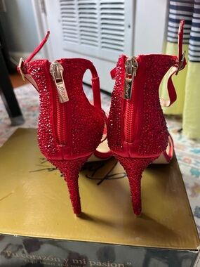 Red Embellished High Heel Sandals
